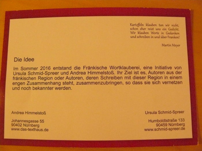 Flyer im Postkartenformat zu den Fränkischen Wortklaubern - Rückseite